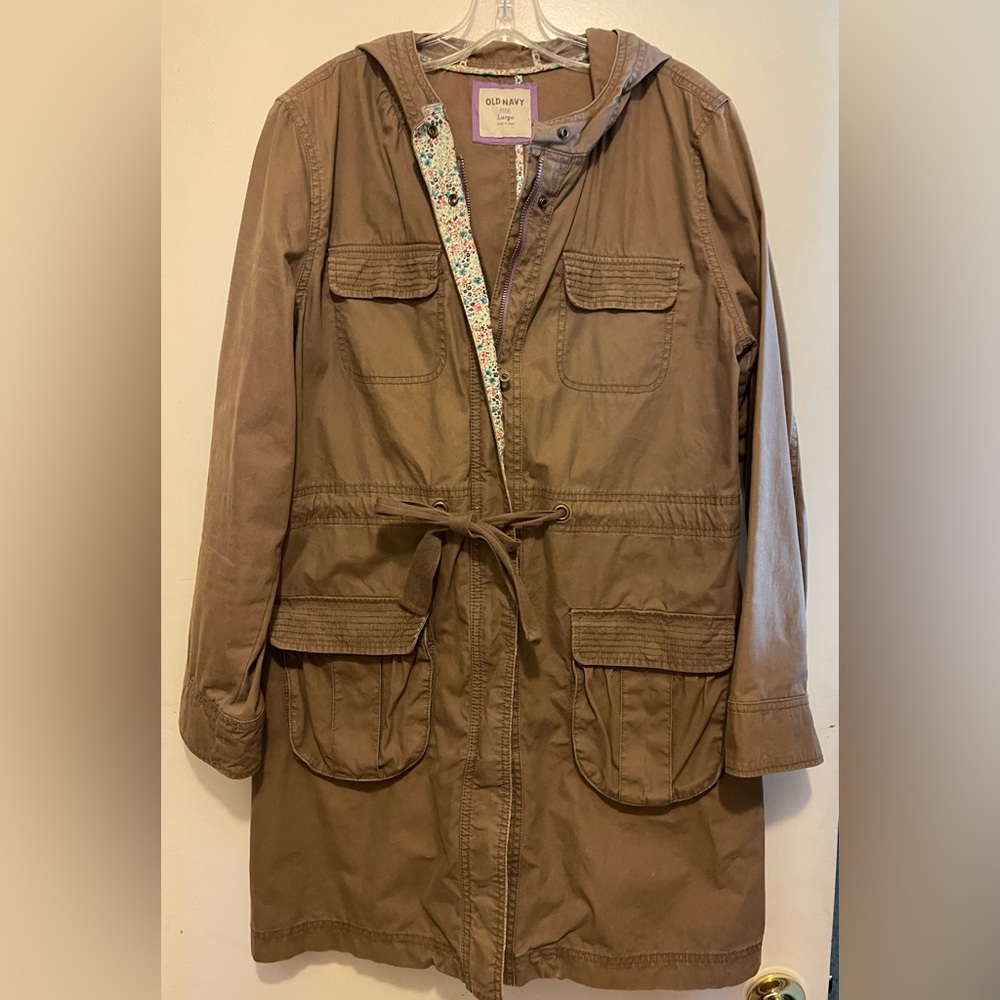 Women's Hooded Utility Jacket in Brown with Floral Details